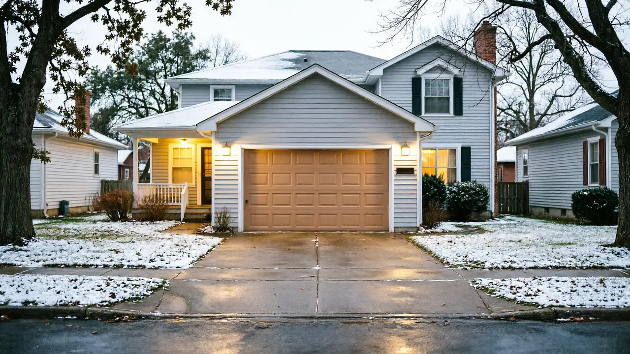 A light brown garage door is on a light gray house with snow on the ground.