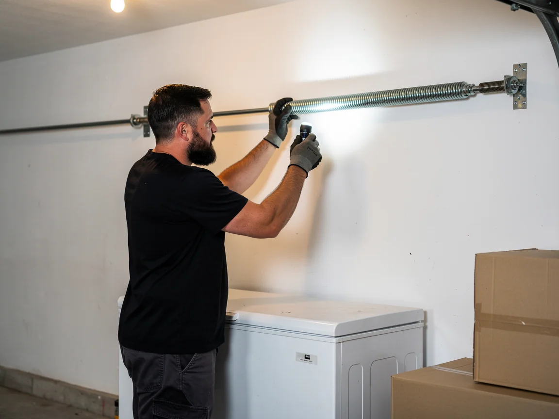 A technician inspects a garage door torsion spring with a flashlight.