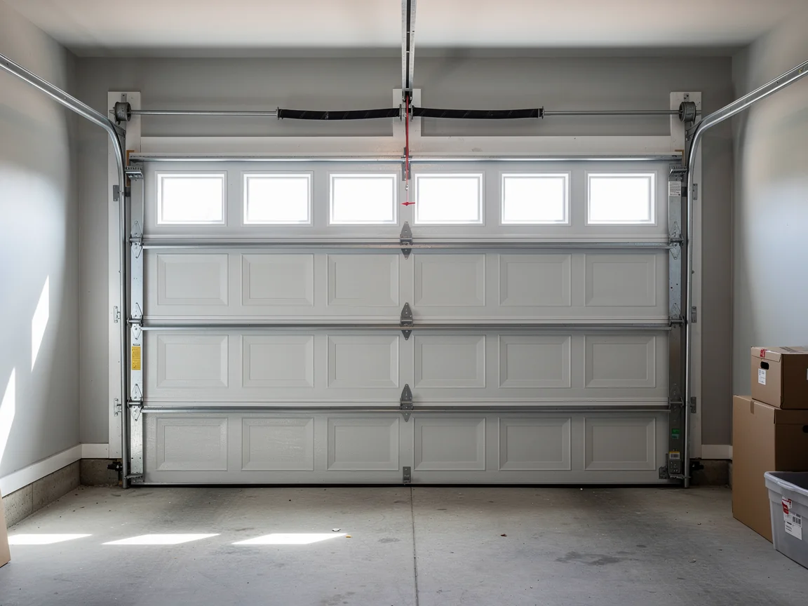 A white garage door with windows is closed inside a garage.