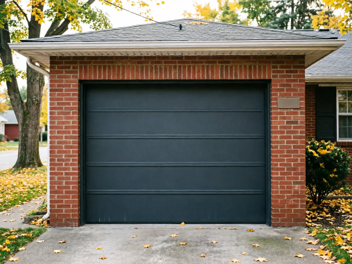 A dark gray garage door is set in a red brick garage with fallen yellow leaves.